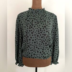 Green and Black Animal Print Blouse with puff sleeves and elastic Ruffle Cuffs.